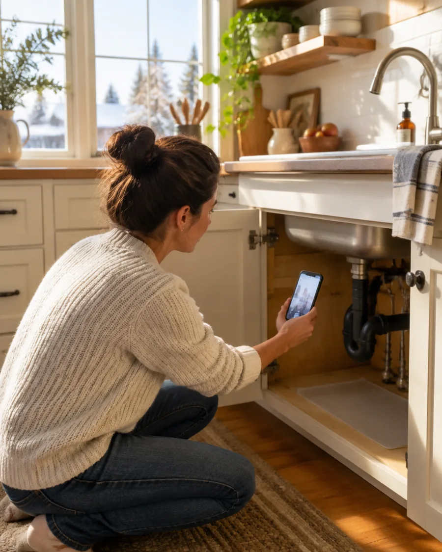 A homeowner kneeling at an open sink cabinet, showing the pipes to a pro on her phone.