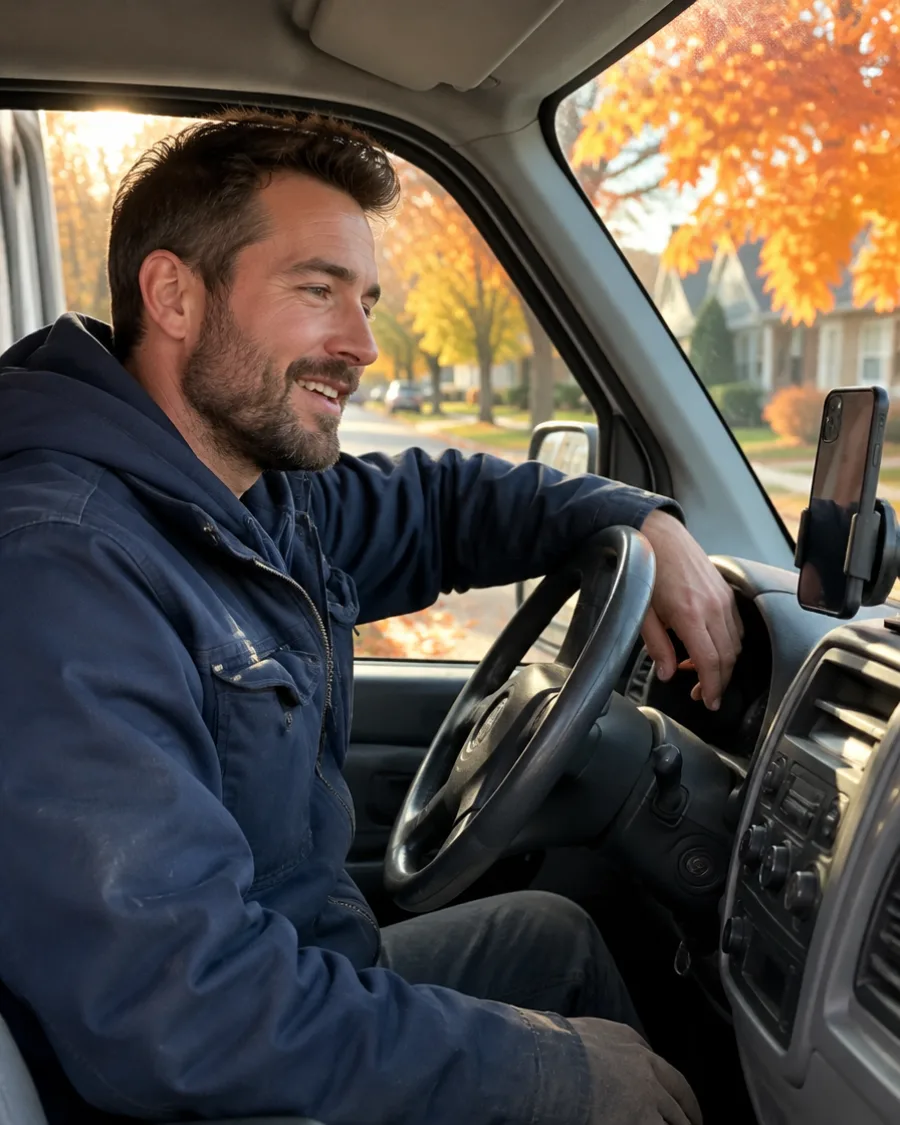A tradesman in his van between jobs, smiling at the phone on his dashboard.
