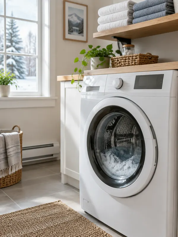 A front-load washer with water sitting in the drum