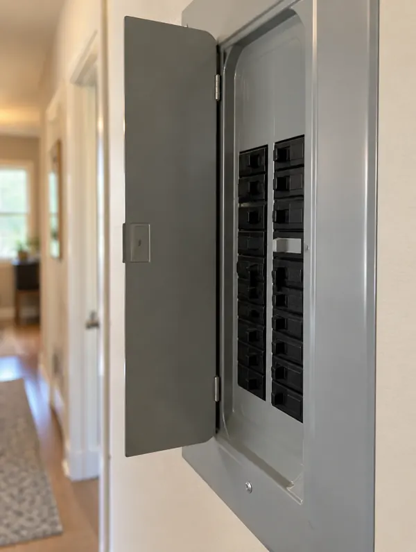 A breaker panel with one breaker tripped
