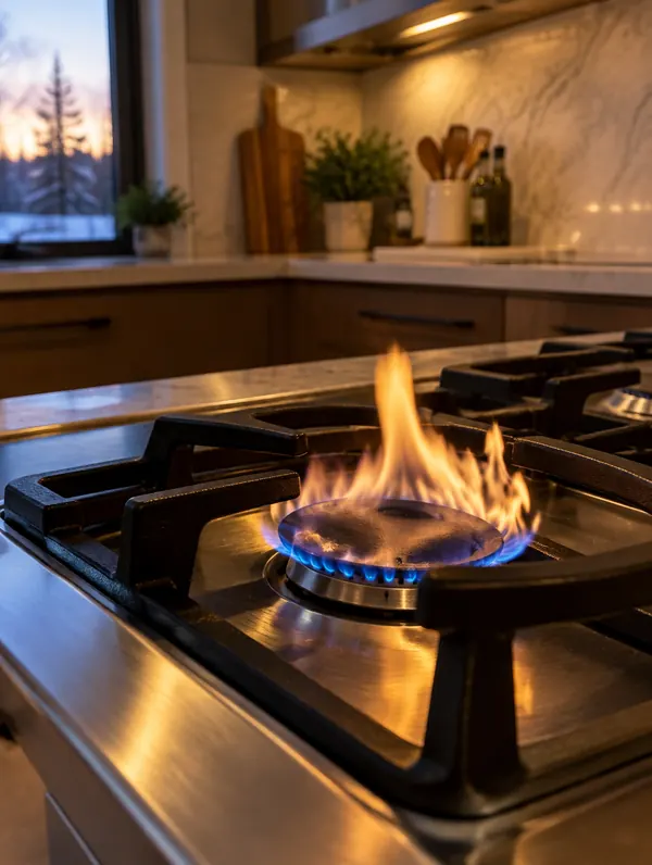 A gas stovetop burner with an uneven orange flame