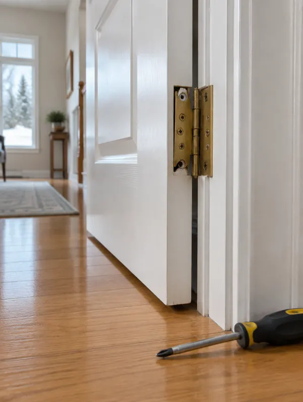 A sagging door hinge with a screwdriver on the floor