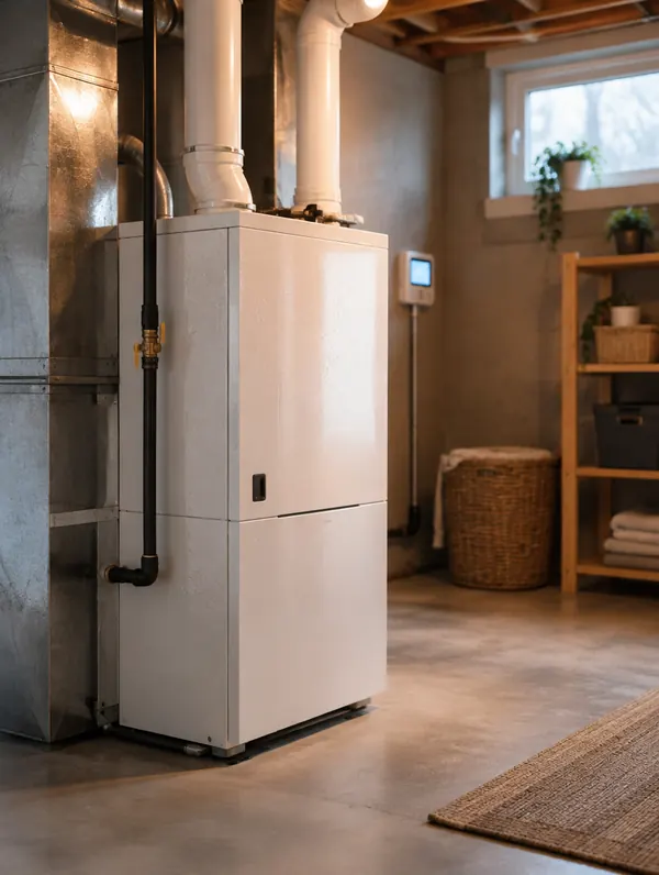 A furnace in a tidy basement utility room