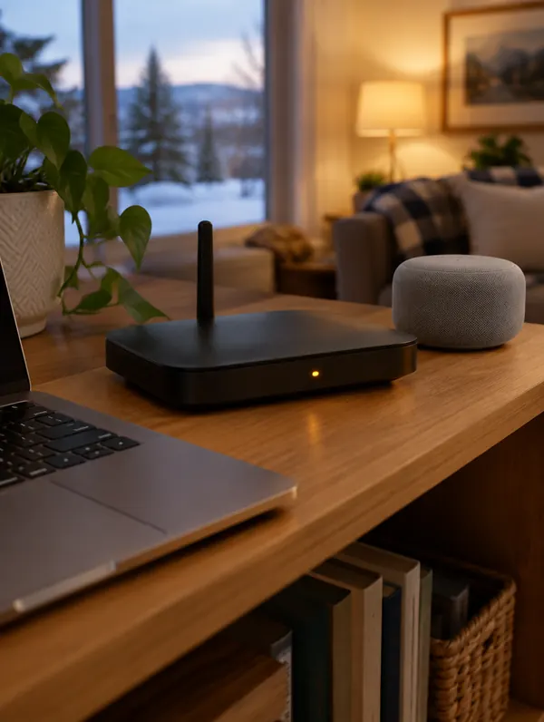 A home Wi-Fi router with an amber light on a shelf beside a laptop