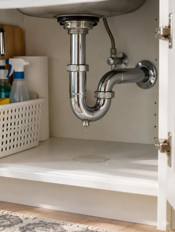 A drip forming on a chrome P-trap under a kitchen sink