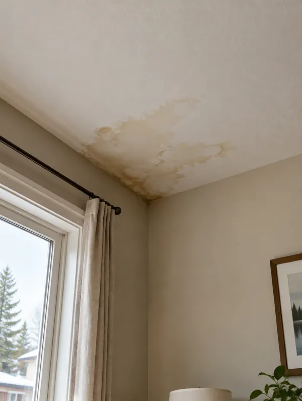 A brown water stain spreading on a bedroom ceiling