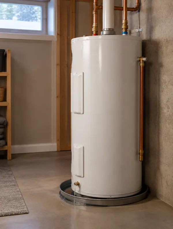 A tank water heater with a small trickle at the base