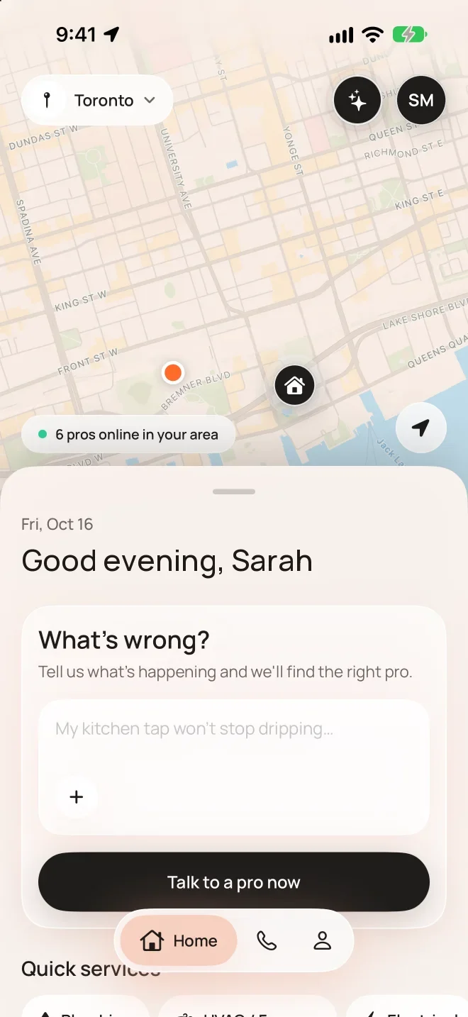 Hollr home screen with the What's wrong? card.