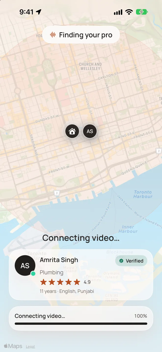 Matching screen: a verified plumber found, connecting video.