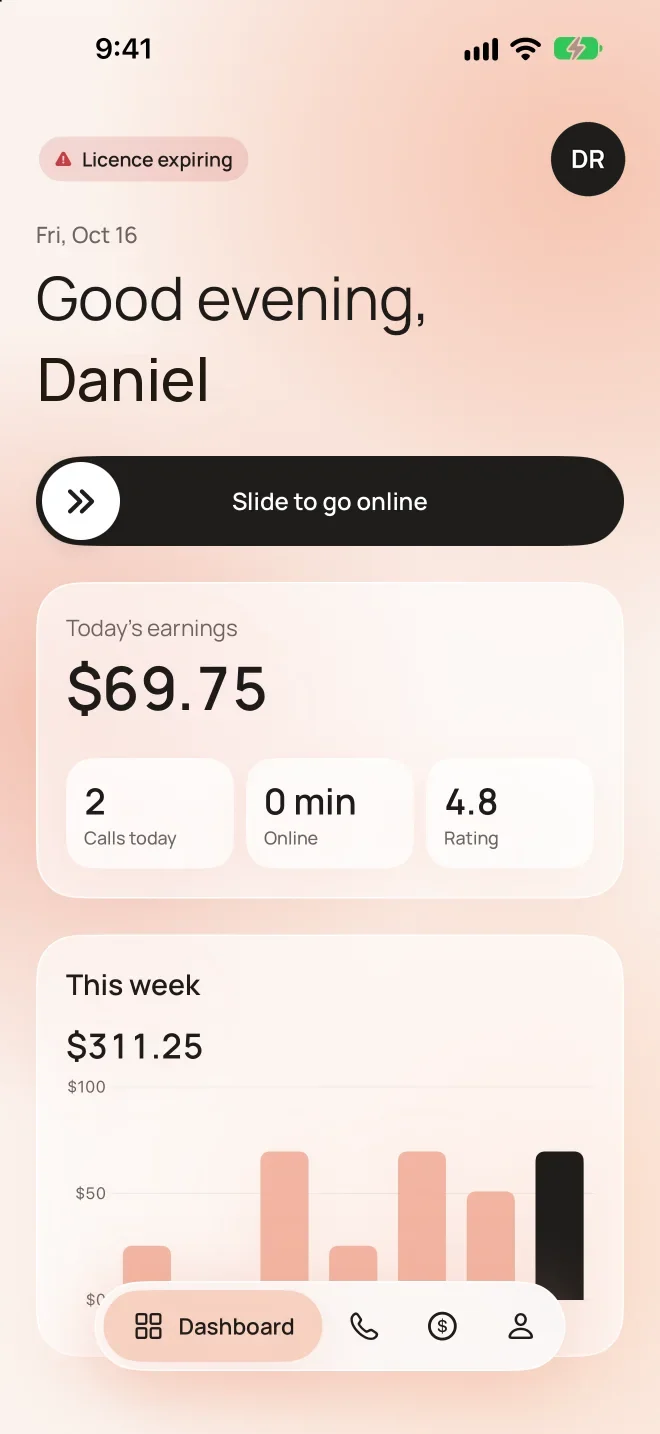 The pro dashboard greeting Daniel: slide to go online, today's earnings, calls and rating, and a weekly earnings chart.